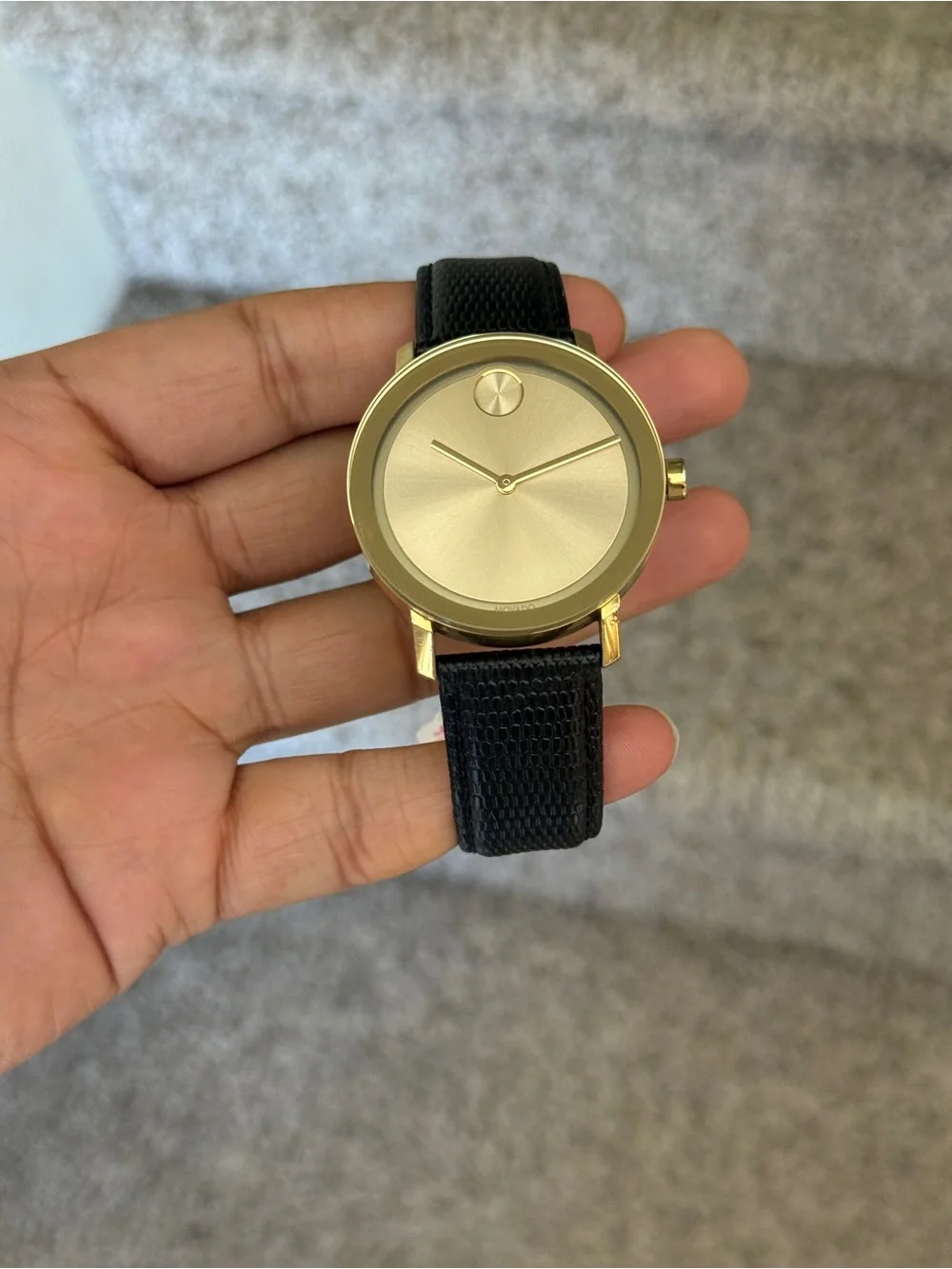 Movado bold Elegant Gold Dial Men's Watch with Black Leather Strap
